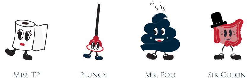 Meet the Poo Squad - Miss TP, Plungy, Mr. Poo and Sir Colon.