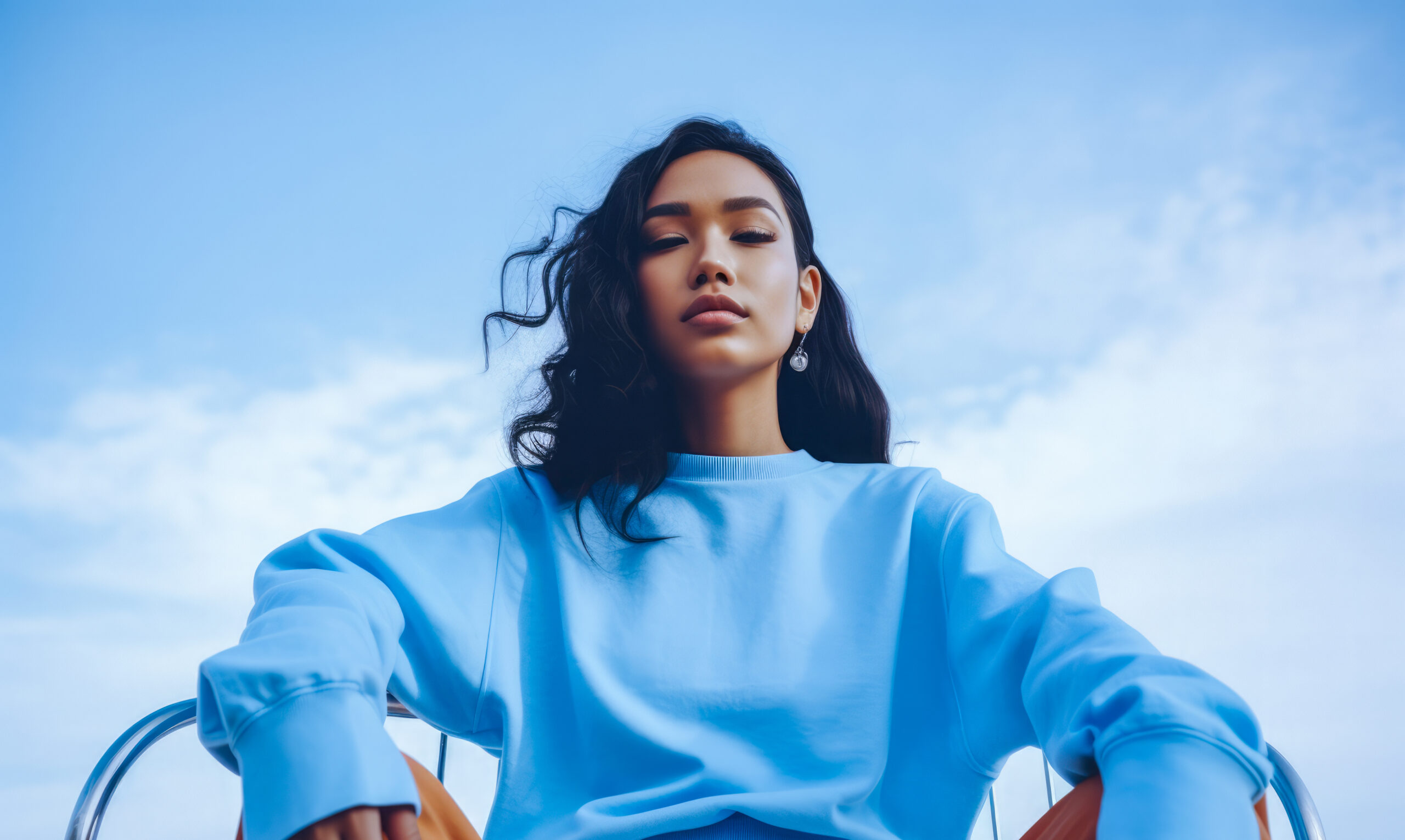 Young woman in blue outfit